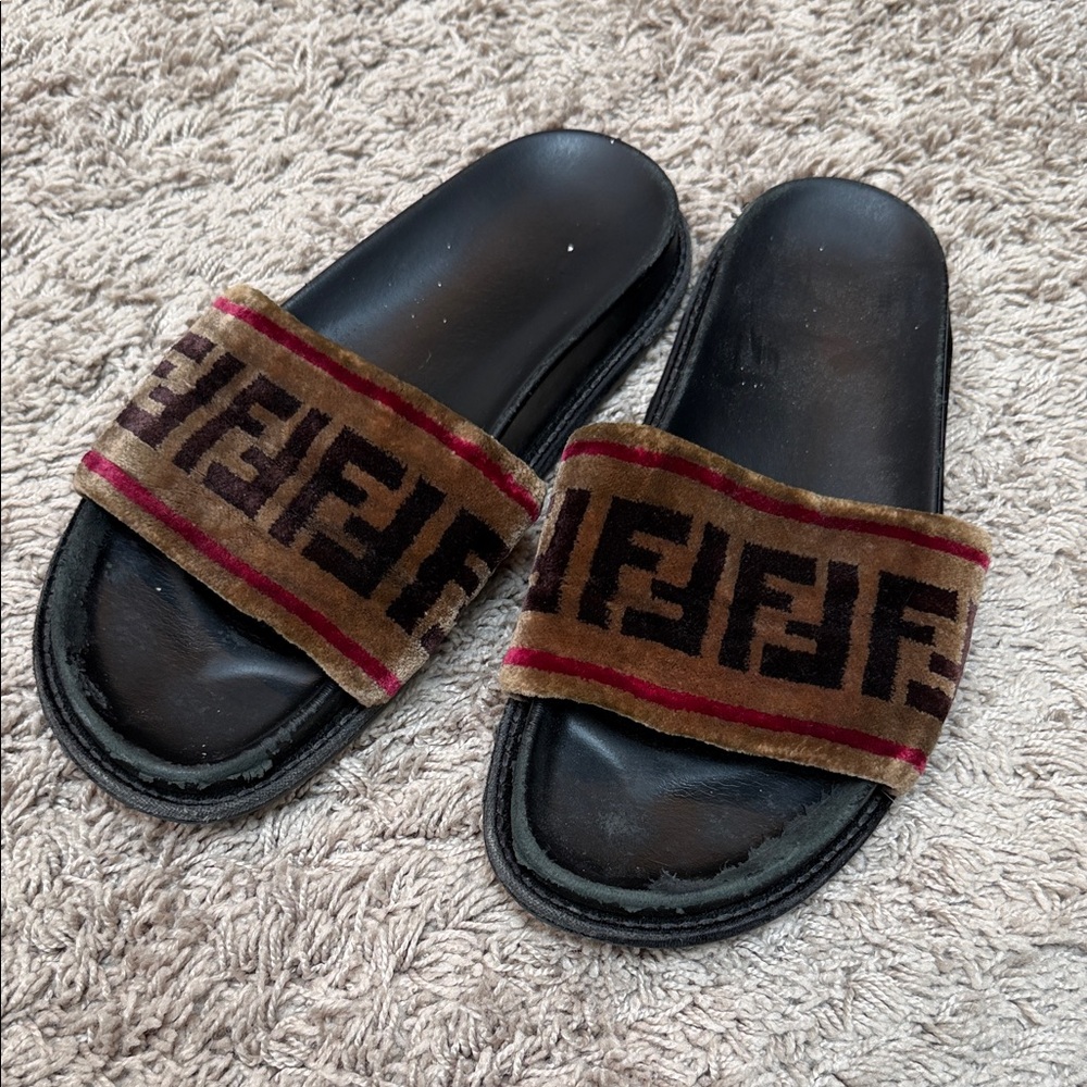 Fendi Zucca FF Black and Brown Sandals SLIDE